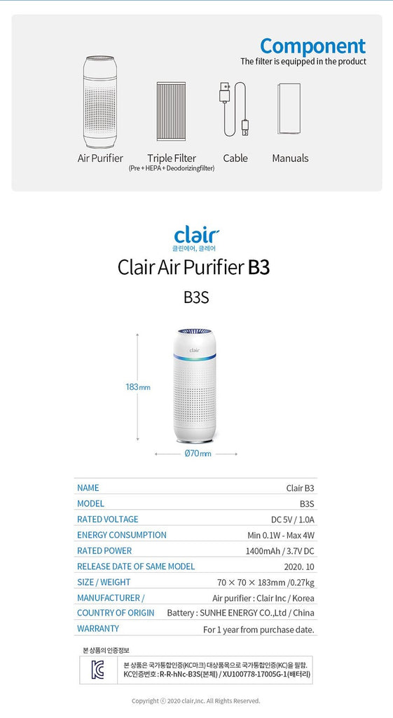Clair B3S Portable, Rechargeable Air Purifier 